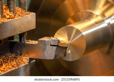 Close up scene  the lathe machine finish cut the brass shaft parts. The metalworking process by turning machine. - Powered by Shutterstock