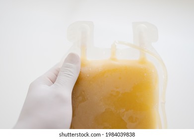 Close Up Scientist Hand Holding Fresh Frozen Plasma Bag In Storage Blood Refrigerator At Blood Bank Unit Laboratory.Save Life And Medical Treatment Concept.