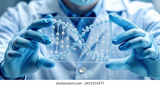 Close up scientist hands holding test tubes with DNA gel. Laboratory worker conducting research in the field of molecular biology. Researcher in blue rubber gloves doing test in laboratory. Background - Powered by Shutterstock