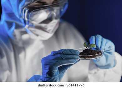 Close Up Of Scientist With Plant And Soil In Lab