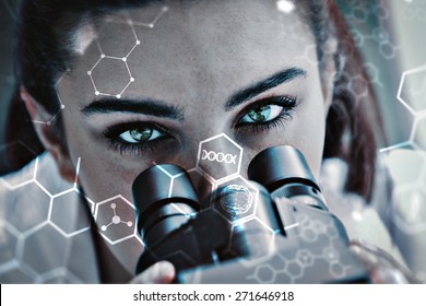 Close Up Of A Scientist Posing With A Microscope Against Science And Medical Graphic