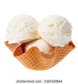 Close Up Of Scoops Vanilla Ice Cream In Waffle Cone Bowl Isolated On White Background