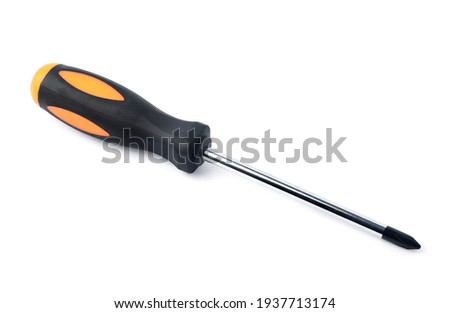 Close up Screwdriver, metal tool, plastic handle, orange-black, for repairing, isolated on white background. With clipping path.