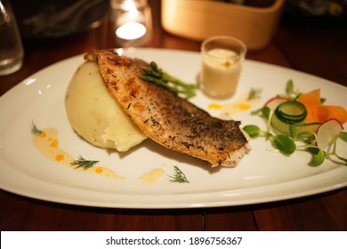 Close Up Seared Sea Bass Steak Served With Mashed Potato