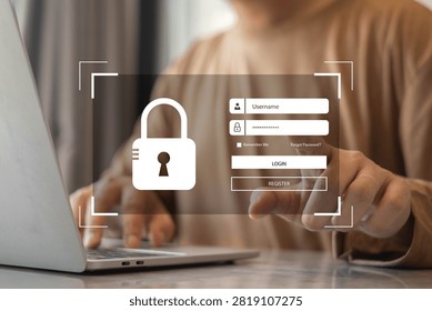 Close up of secure online login interface with password protection and cybersecurity icon on laptop screen. Digital authentication, data privacy, account security, and internet protection concept.