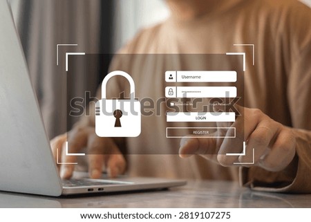 Close up of secure online login interface with password protection and cybersecurity icon on laptop screen. Digital authentication, data privacy, account security, and internet protection concept.