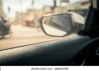 Close Up Selective Focus Car Window From Inside In Warm Tone Background