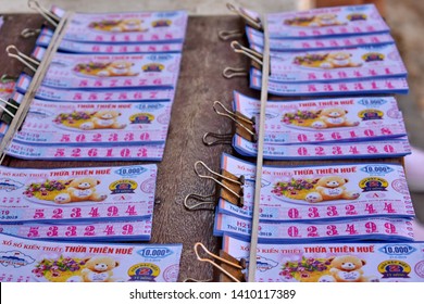 Close up and selective focus many of Vietnam Lottery put together waiting for distribution.The legal and popular gambling luck of the Vietnamese.Hoi An,Vietnam.May 29,2019.