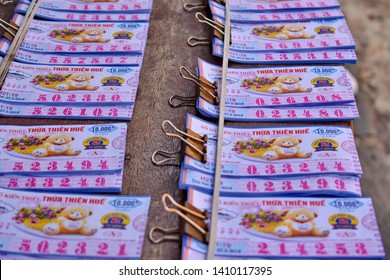 Close up and selective focus many of Vietnam Lottery put together waiting for distribution.The legal and popular gambling luck of the Vietnamese.Hoi An,Vietnam.May 29,2019.