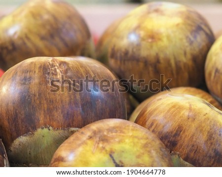 close up and selective focus on shiny  Buah Lontar or Buah siwalan or Asian palmyra palm fruit, at the market. Latin name Borassus flabel