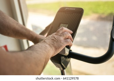 Close Up Of Senior Man On The Treadmill. 