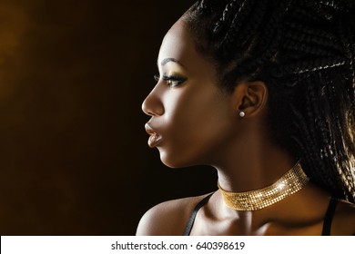 Close Up Sensual Studio Portrait Of Beautiful Young African Girl.Side View Of Woman With Braided Hairstyle.