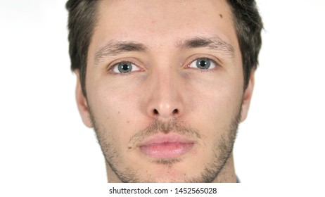 Close Up of Serious Young Man Face, White Background