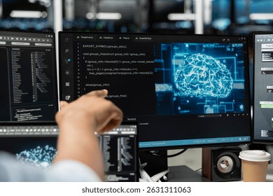 Close up of server hub specialist using artificial intelligence to reduce downtime. Computer scientist designs and implements AI driven solutions for data center equipment