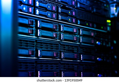 Close up server rack cluster in a data center selected focus, narrow depth field
