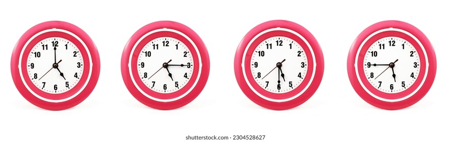 close up of a set of red wall clocks showing the time; 5, 5.15, 5.30 and 5.45 p.m or a.m. Isolated on white background
