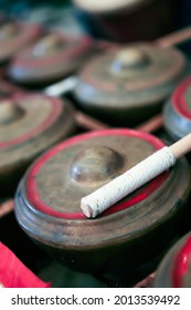 Close Up Of Set Of Small Brass Gongs Called Talempong, A Traditional Music Instrument Of Minangkabau Culture From West Sumatra, Indonesia. No People. Selective Focus.