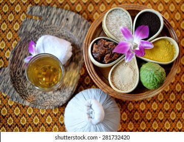 Close Up Set Of Thai Spa With Tea And Mix Thai Herb