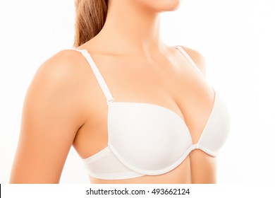 Close up of shapely sexy woman wearing white bra