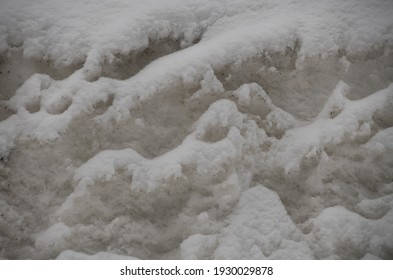Close Up Of Shapes And Pattern In Dirty Winter Snow Bank Looks Like Waves In Water Soft Textured Surface Background Horizontal Format 