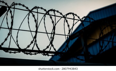 Close up of sharp coiled barbed razor wire mesh installed on a concrete wall for security border protection against an industrial factory background
