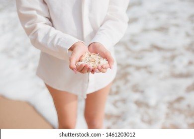 Close up The shell is lost in the hands of beautiful women. Standing at the sea in the summer