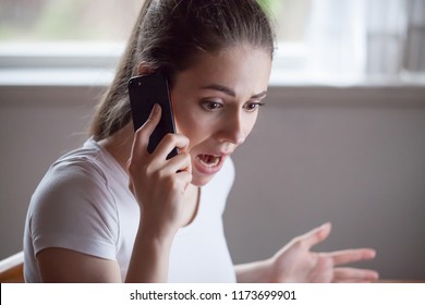 Close Up Of Shocked Woman Hearing Bad News Over Phone, Scared Female Amazed By Negative Message Received Talking On Cell, Frustrated Girl Feeling Devastated Cannot Believe Horrifying Information