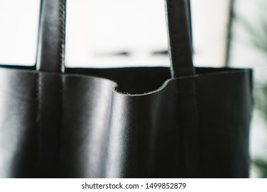 Close Up Shoot Of A Black Leather Tote Bag