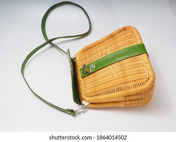Close Up Shoot Of Hand Made Rattan Purse On A White Isolated Banckground