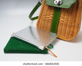 Close Up Shoot Of Hand Made Rattan Purse On A White Isolated Banckground