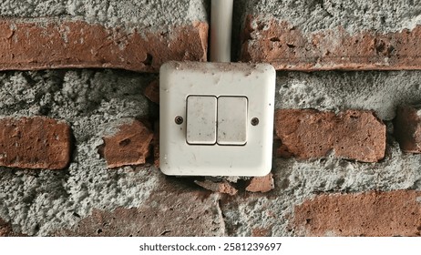 Close up shoot. Light switch attached to an old brick wall