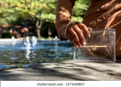 close up shop of a African american black woman hands holding a clear hand bag by a water fountain in Chicago.  she's wearing a fashionable brown trench coat.