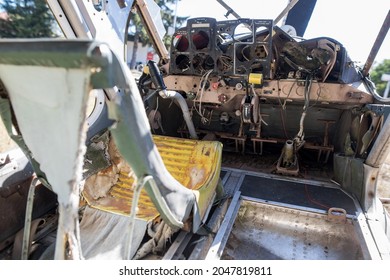 Close Up Shot Of An Abandoned Vintage Airplane Dashboard.