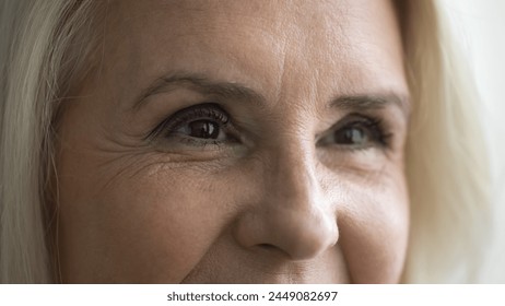 Close up shot of attractive mature female looking into distance. Upper part of face of older woman, anti-wrinkle procedure, eye-sight surgery, eyeglasses, lenses store ad. Eyecare, drops and treatment - Powered by Shutterstock