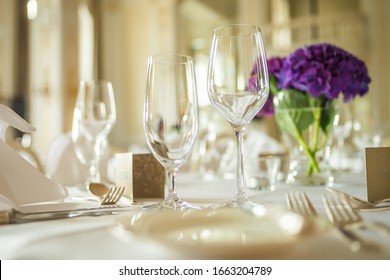 Close up shot of beautifully set table in restaurant 
