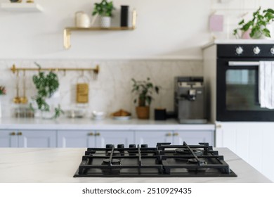 Close up shot of black gas stove top mounted in marble kitchen island. Household appliance against elegant home decor on shelving and green plants on blurred background