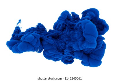 Close Up Shot Of Bright Blue Ink Splash In Water Isolated On White.