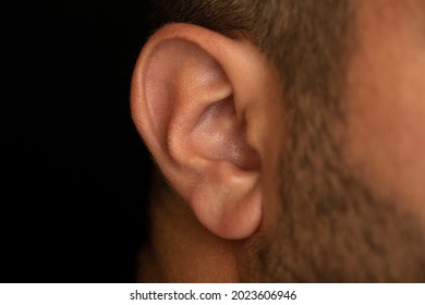 Close Up Shot Of Brown Skinned Man’s Ear. Ear Care , Ear Health, Hearing Issues Concept. Selective Focus