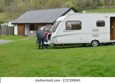 Close Up Shot Of Caravan Being Set Up Ready For A Vacation On Caravan Site In Wales UK.