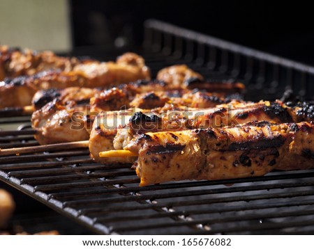 Close shot of chicken kebabs cooking on a barbecue.