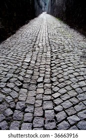 Close Up Shot Of A Cobblestone Alley In Ayvalik Turkey