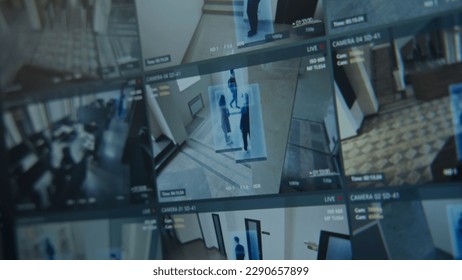 Close up shot of computer or digital tablet screen showing footage of surveillance cameras in coworking office with modern scanning system. CCTV cameras. High tech security. Concept of social safety. - Shutterstock ID 2290657899