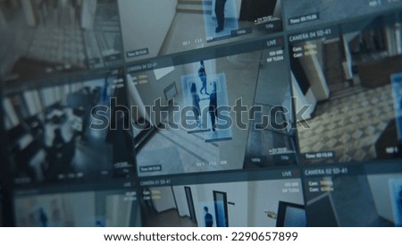 Close up shot of computer or digital tablet screen showing footage of surveillance cameras in coworking office with modern scanning system. CCTV cameras. High tech security. Concept of social safety.