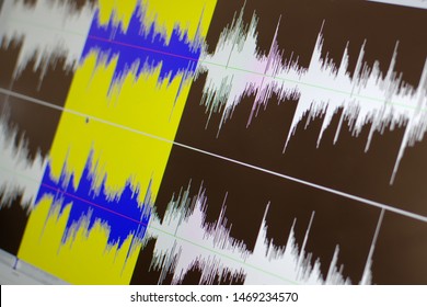 Close Up Shot Of A Computer Screen Showing A Waveform Sound Visualization In An Audio Editing Software.