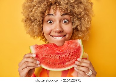Close up shot of curly haired positive woman holds big slice of juicy watermelon enjoys eating her favorite summer fruit bites lips looks wondered isolated over yellow background. Mmm delicious