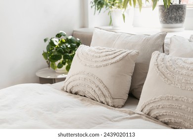 Close up shot of cushions in cotton pillowcases on comfortable bed near side table with pot in cozy bedroom at home. Boho chic interior design in apartment. - Powered by Shutterstock