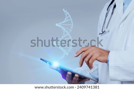 Close up shot of dedicated doctor uses CRISPR and augmented reality to decode the blue glow of virtual human DNA, shaping the future of medicine, blue studio background, free space