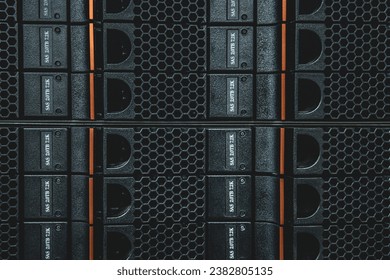 close up shot of a disk array on the server