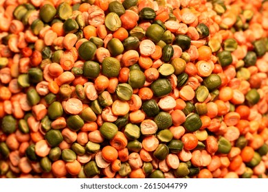 Close up shot of dried split peas top down view