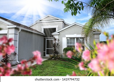 Close Up Shot Of Family Home Exterior Over Sky In Florida